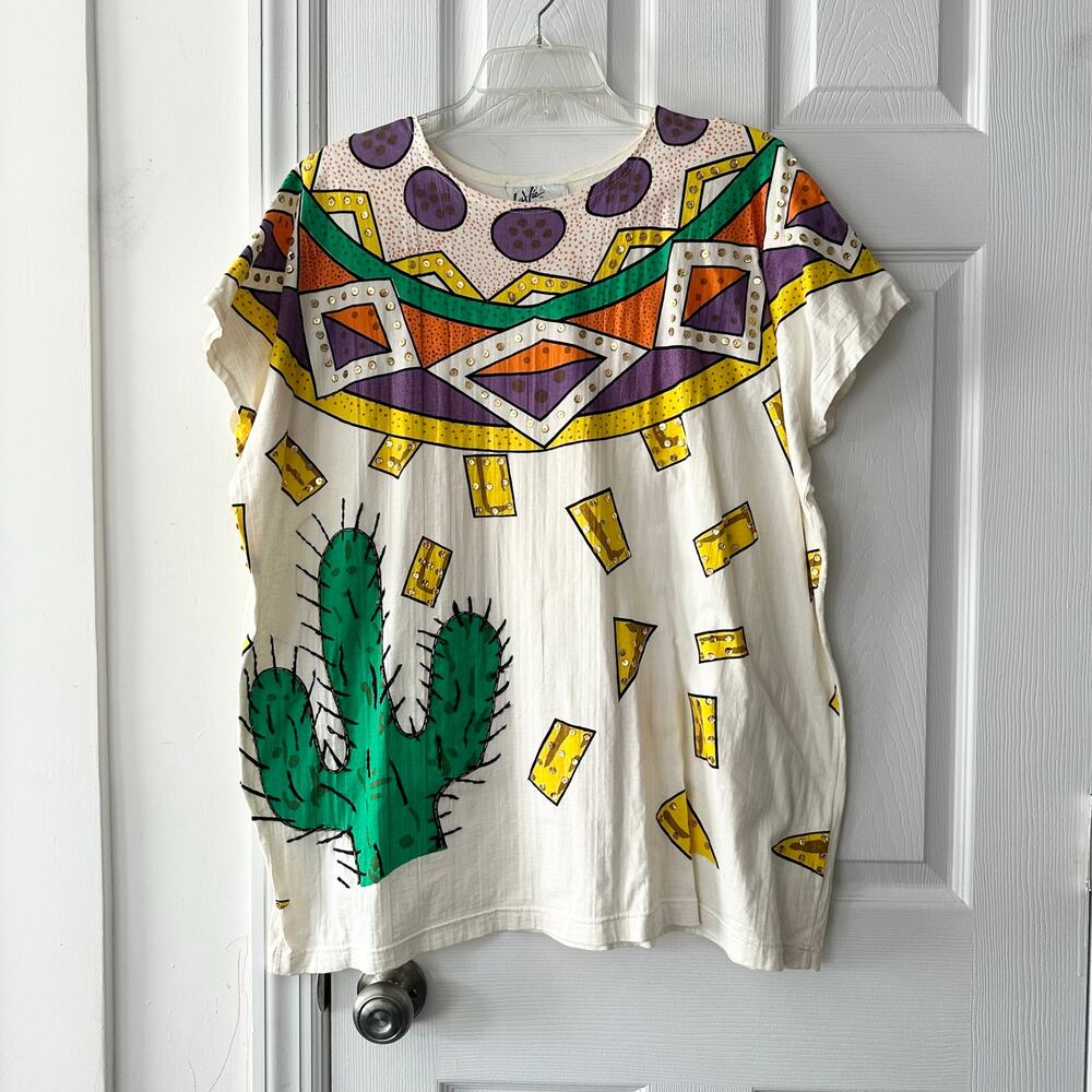 La Vie Beverly Hills Vintage Graphic Southwestern Desert Cactus Embellished Top